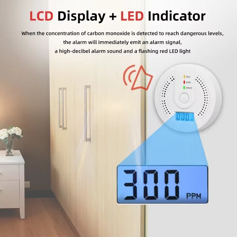 High-Sensitivity Carbon Monoxide Detector with LCD Display, Battery-Operated Electrochemical CO Alarm for Workshop, Garage, and Home Safety